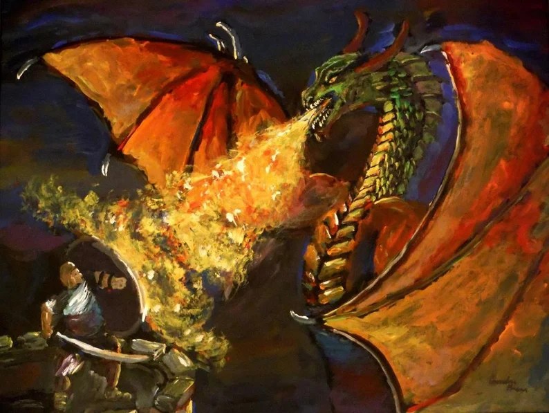 Dragon battling a knight